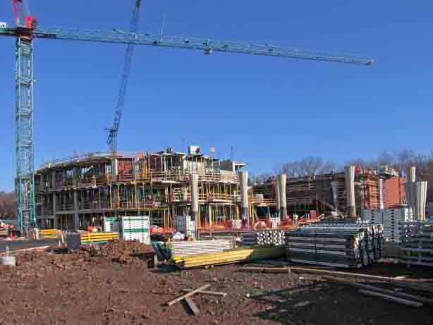 Vehicle approach to lobby, 1300-seat theater on the left and 200-seat theater on the right.